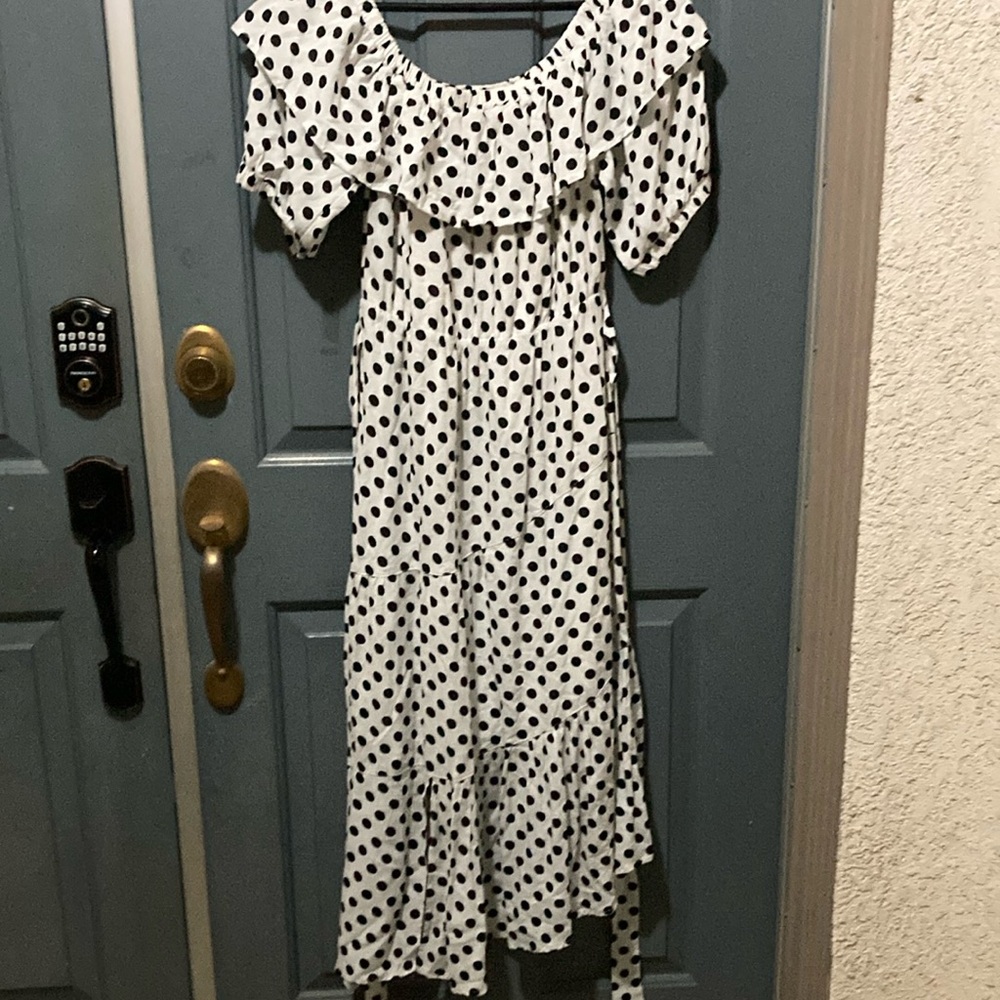 LNA Black and White Ruffled Off-Shoulder Midi Dress